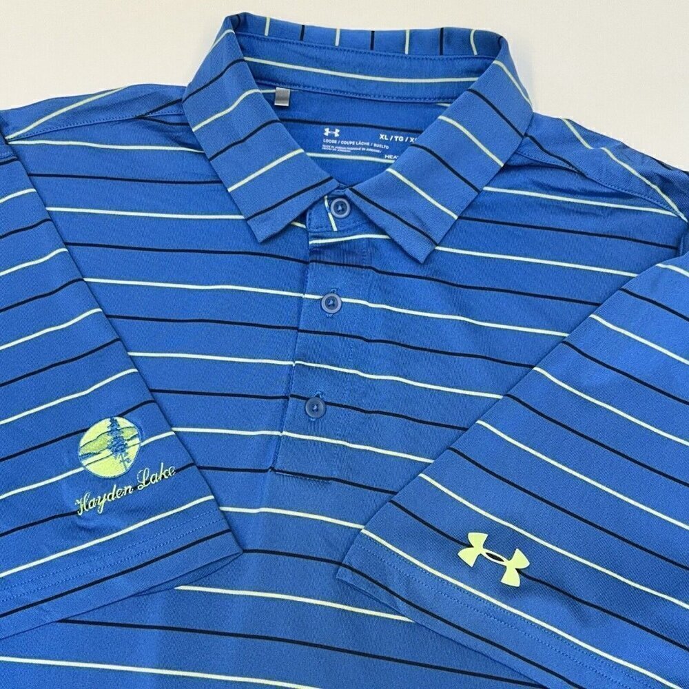 Under Armour Shirt Mens XL Performance Stripe Golf Polo Hayden Lake ID Heat Gear - Picture 1 of 15